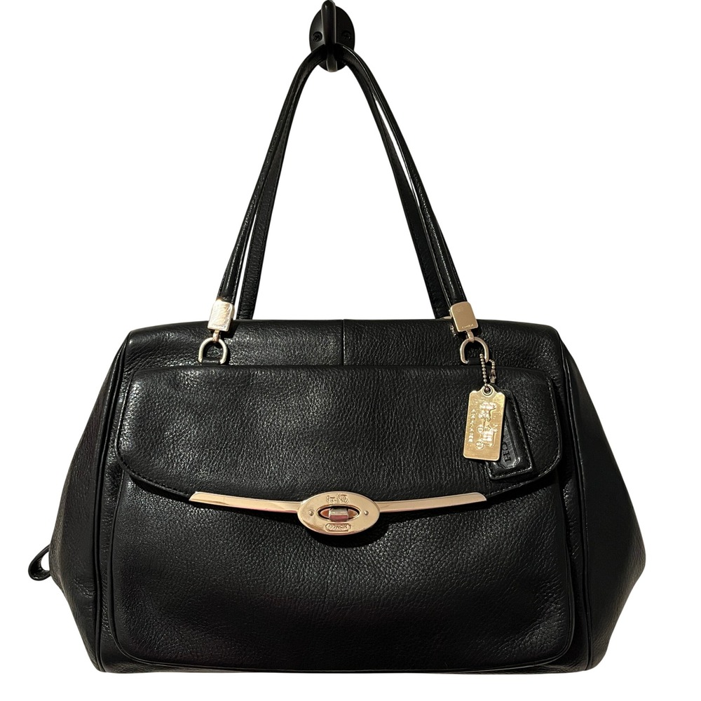 Coach Madison Madeline East West Satchel Black Pebbled Leather Turnlock 25166